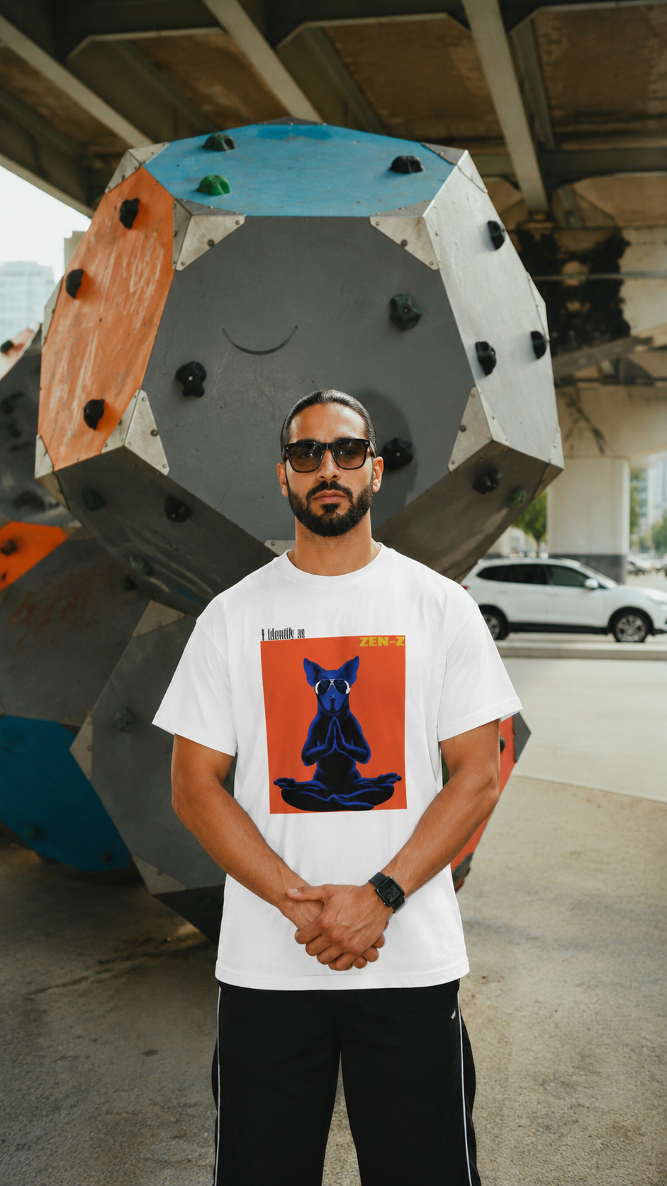 A man wearing a white graphic t-shirt and black pants stands in front of a large geometric concrete sculpture under an overpass. The t-shirt features a central orange square graphic with a blue meditating dog.
