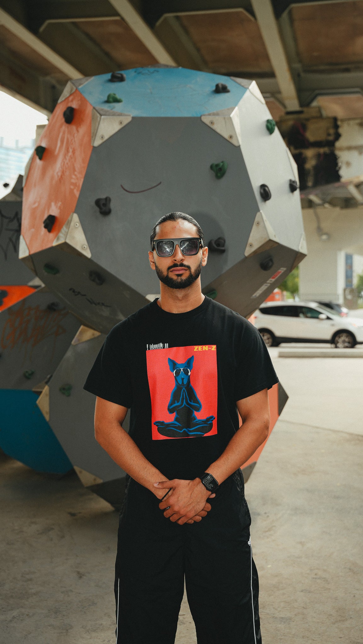 A man wearing a black graphic t-shirt with a red and blue dog print, black sweatpants, and sunglasses, standing in front of a large geometric climbing structure.
