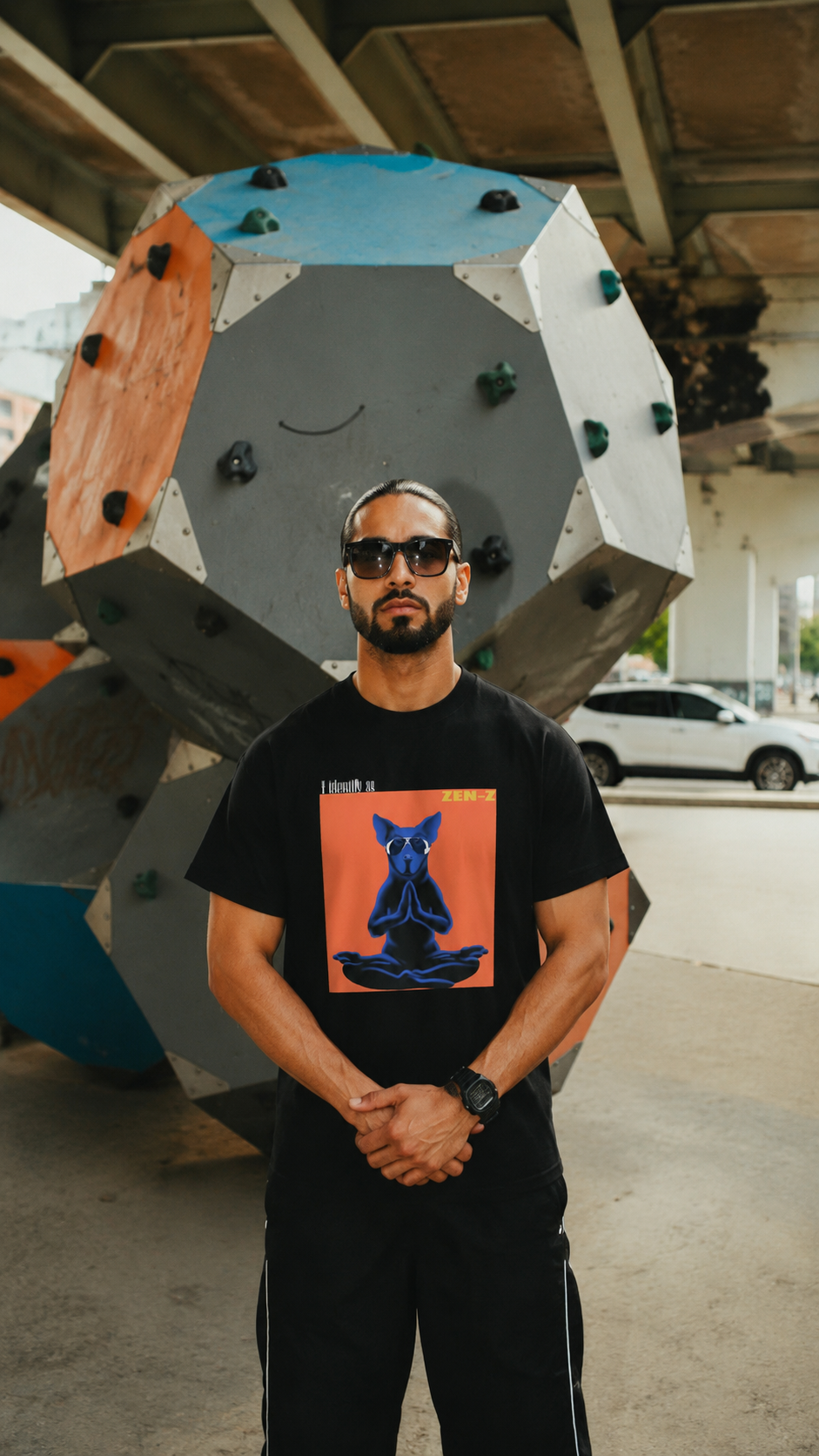 A man wearing a black graphic t-shirt and black pants stands in front of a large geometric climbing wall under an overpass. The t-shirt features a square graphic with a blue dog meditating on an orange background.
