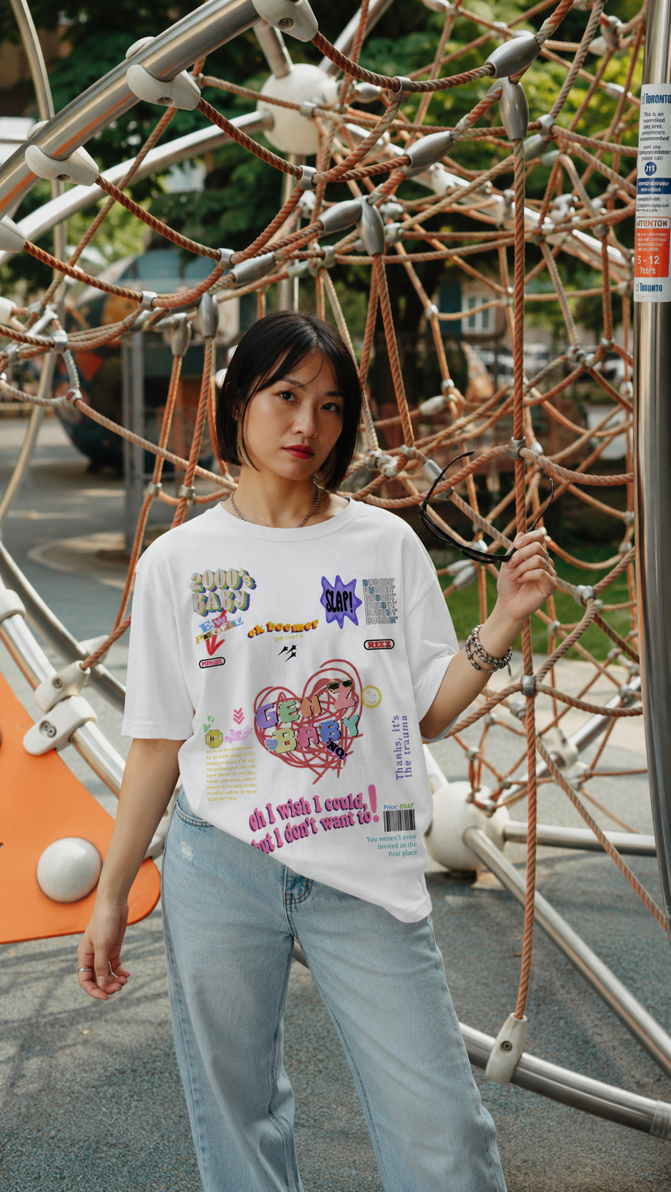 A woman wearing a white graphic t-shirt and light blue jeans stands in front of a playground climbing structure. The t-shirt features a colorful collage of cartoon graphics, stickers, and text.